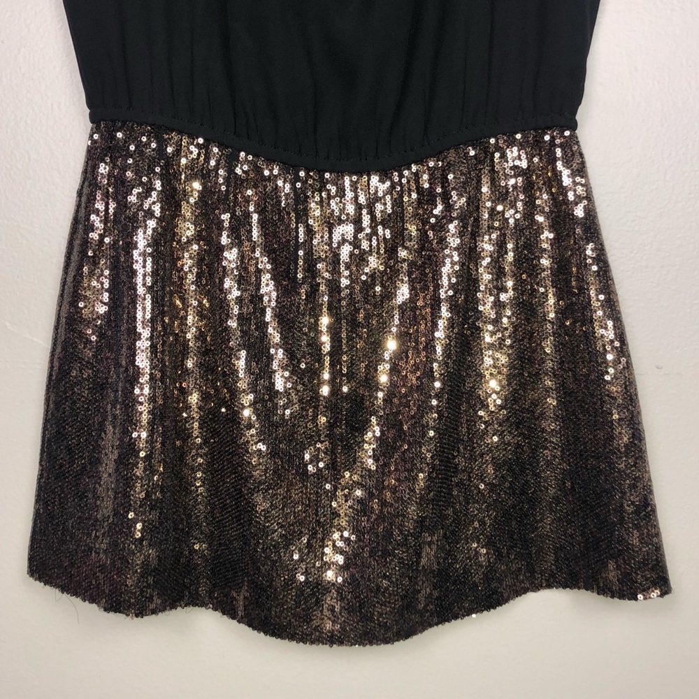 Express Y2K Blouson Mini Dress Black Drop Waist Copper Gold Sequin Skirt Size XS - Picture 5 of 8
